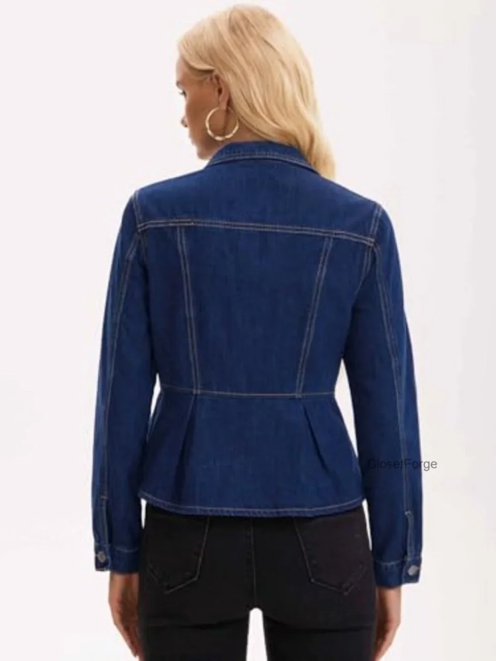 Ruffle Hem Peplum Denim Jacket Button Down Collar Long Sleeve with Pockets